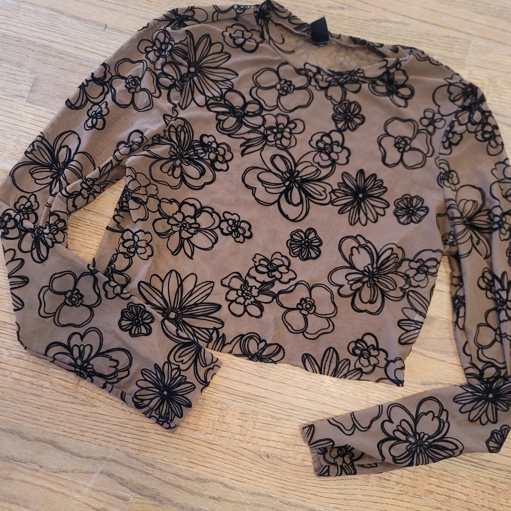 SHEIN Black Floral Mesh Top on Tan